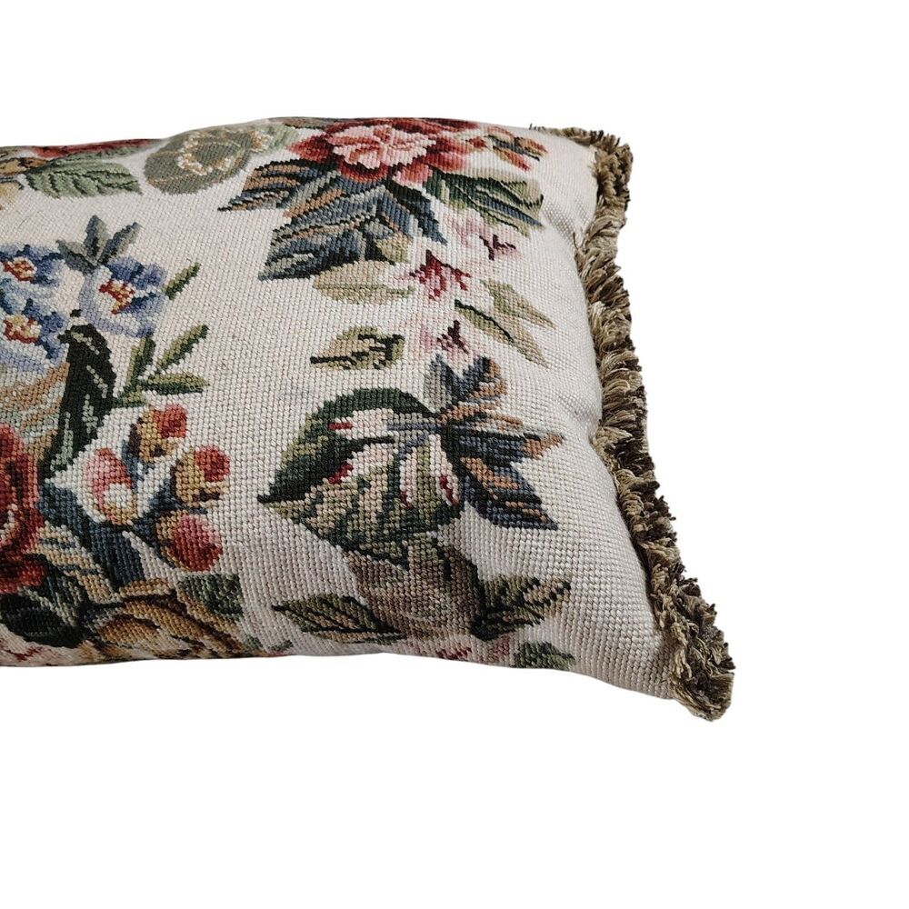 Vtg Floral Needlepoint Tapestry Throw Pillow Cottagecore Grandmillennial 24x19 - Picture 4 of 7